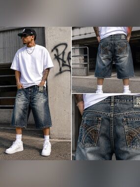 Vintage Y2K Request Jeans Denim Shorts Size 36 Studded Pocket Streetwear Jorts